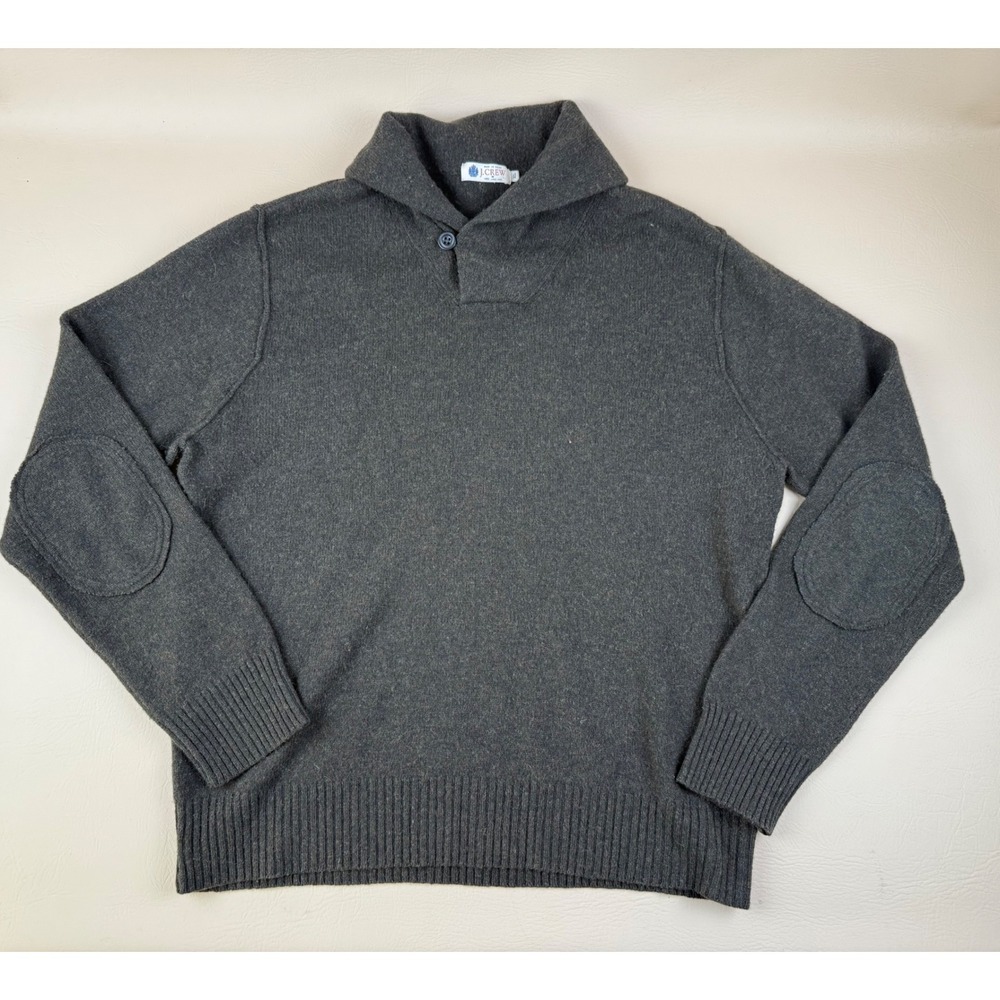 J.Crew Lambswool Shawl Collar Sweater Mens XL Gray Elbow Patch Grandpa Core